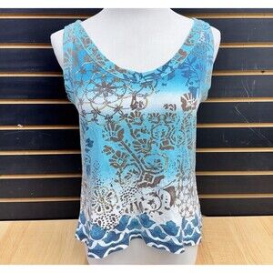 White Stag Tank Top Turquoise Brown Abstract Floral Print Size M 100% Cotton